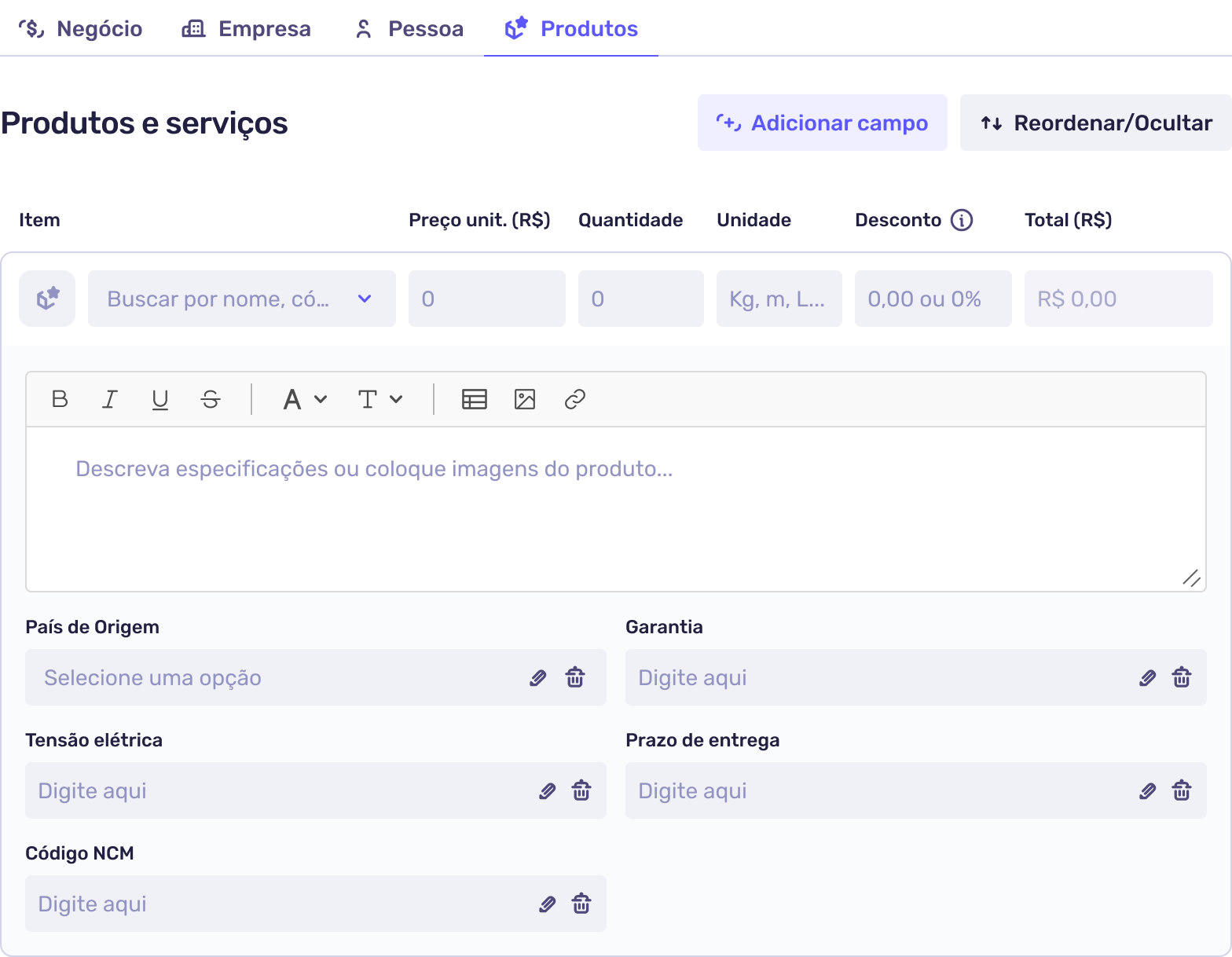 personalização de produtos e serviços no Agendor CRM